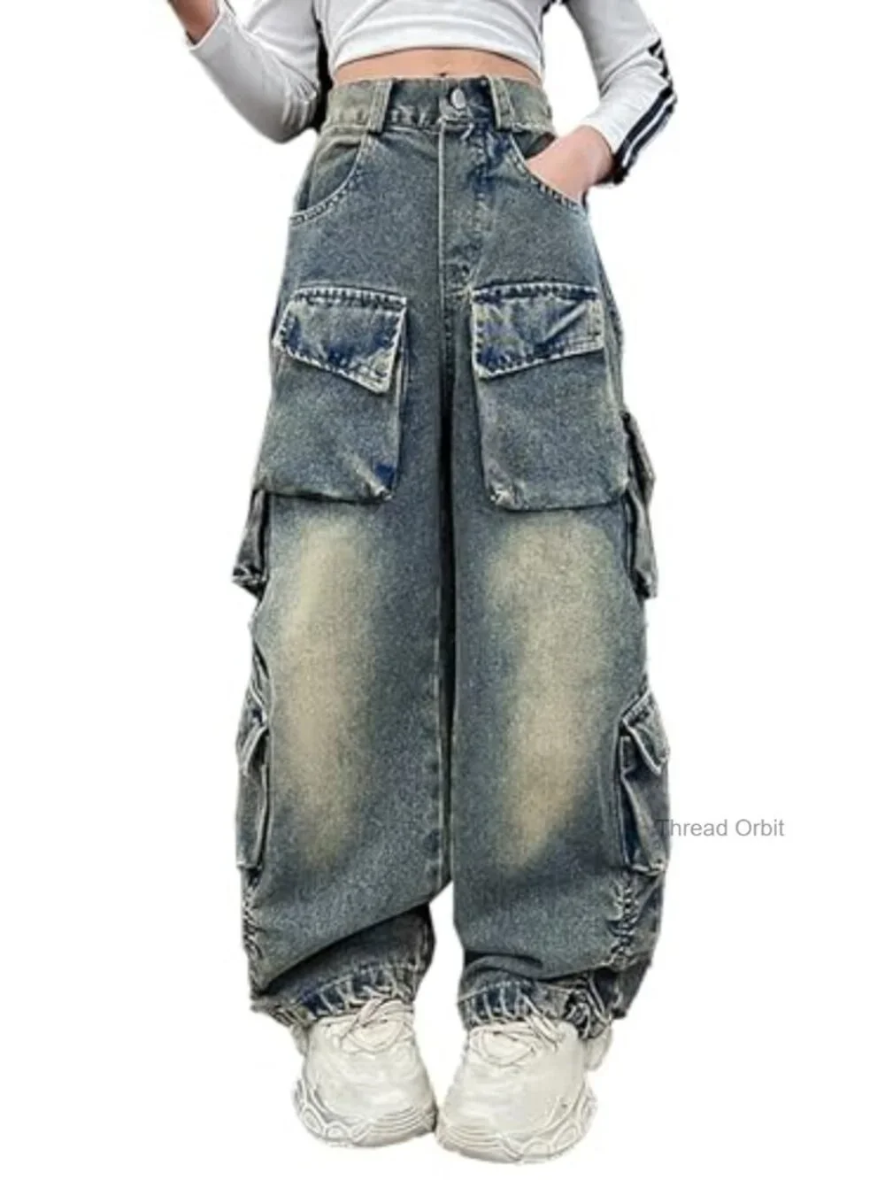 Girls Baggy Cargo Jeans High Waisted Wide Leg Y2K Denim Pants with Pockets